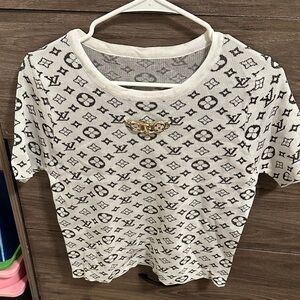 Monogram Pattern Short Sleeve Knit Top - White & Black size S